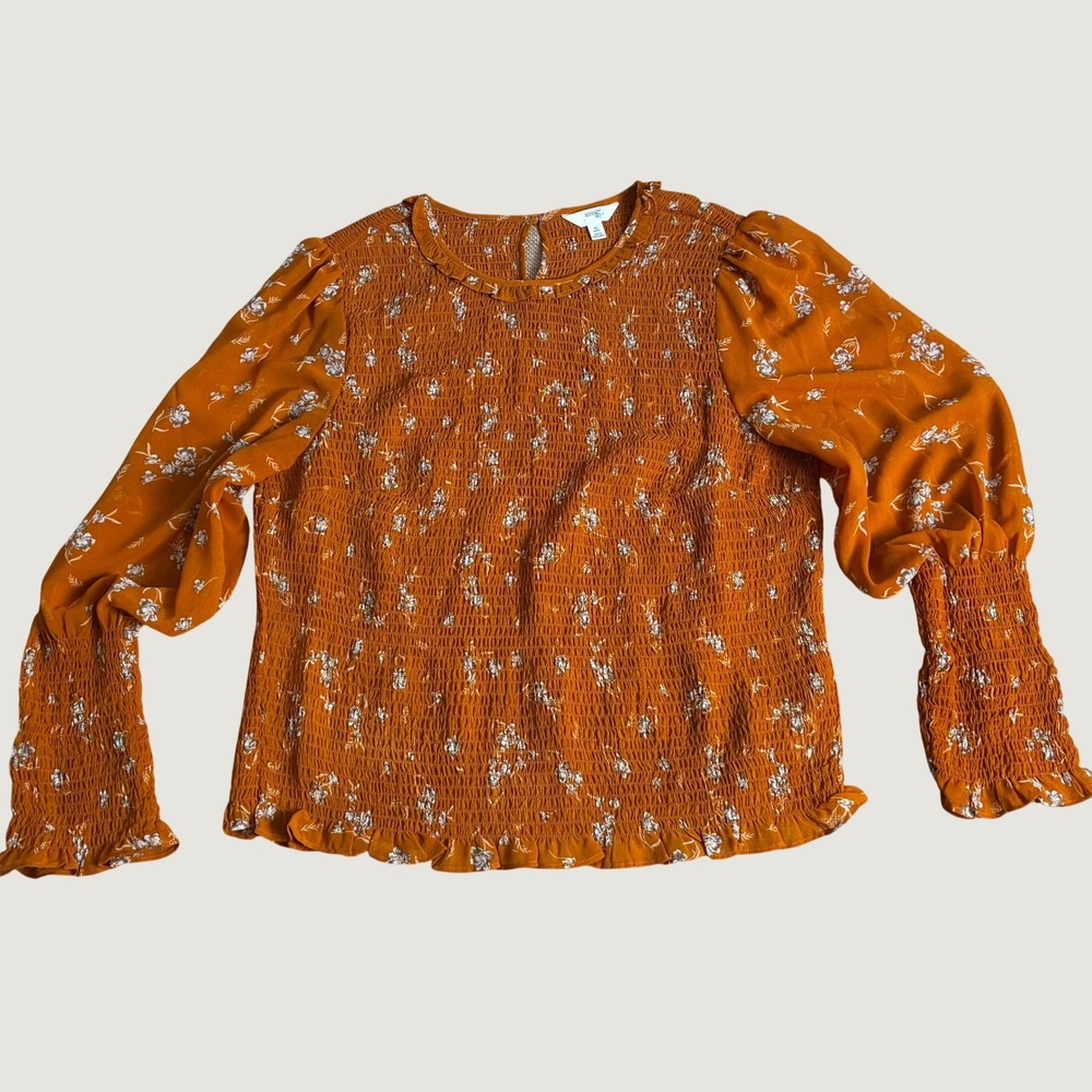 Cottagecore 14W Burnt Orange Boho Floral Smocked Long Sleeve Blouse Top